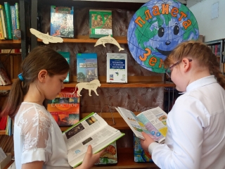 Посетители библиотеки знакомятся с книгами по экологии, представленными на выставке